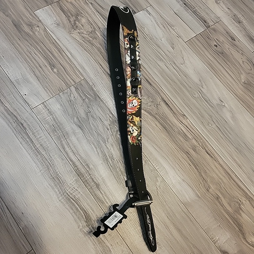 Ed Hardy 38" Tiger/Skull,Roses Print Studded Leather Belt Black Multi Color NEW